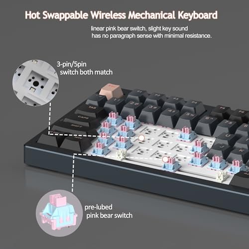 MageGee LIGHT75 Wireless Creamy Keyboard, Tri-Mode Bluetooth/2.4GHz/USB-C RGB Backlit, Gasket Hot Swappable Custom Gaming Keyboard for Win/Mac/PC, with Knob, 4000mAh Battery, Grey - color: Grey Beige/Pink Bear Switch