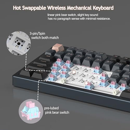 MageGee LIGHT75 Wireless Creamy Keyboard, Tri-Mode Bluetooth/2.4GHz/USB-C RGB Backlit, Gasket Hot Swappable Custom Gaming Keyboard for Win/Mac/PC, with Knob, 4000mAh Battery, Grey - color: Grey Beige/Pink Bear Switch