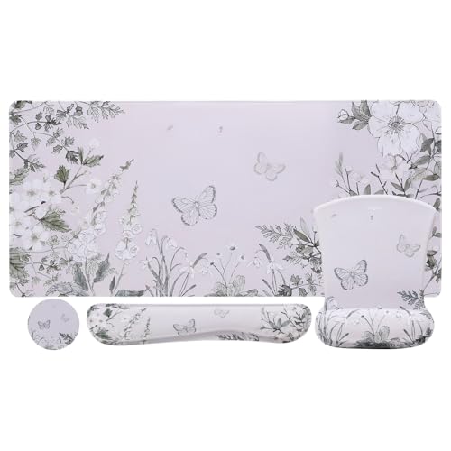 MEGREZ 4-in-1 Mouse Pad with Wrist Rest Ergonomic Memory Foam Desk Mat Set | ergonomic, anti-slip base, 4pcs set, desk pad, mouse wrist rest, keyboard rest, coaster, ideal for office & gaming - color: Green Flower