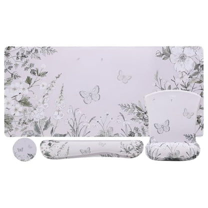 MEGREZ 4-in-1 Mouse Pad with Wrist Rest Ergonomic Memory Foam Desk Mat Set | ergonomic, anti-slip base, 4pcs set, desk pad, mouse wrist rest, keyboard rest, coaster, ideal for office & gaming - color: Green Flower
