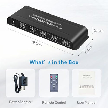 8K HDMI Switch 4 in 1 Out 4K@120Hz HDMI Switcher Support HDR10+, Dolby Vision, Dolby Atmos, VRR, ALLM, CEC