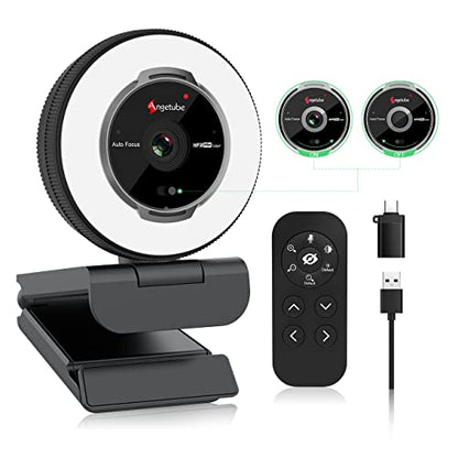 Angetube Streaming Webcam with Microphone, USB 1080P Web Cam w/Ring Light | Remote Control, 1080P@60FPS, 5X Digital Zoom, Built in Privacy Cover, HD Computer Web Camera for Desktop, PC, Laptop, Mac
