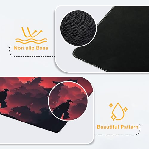 Large Mouse Pad Samurai Blood Moon Dusk Waterproof Extra Large Mousepad with Stitched Edges Non-Slip Rubber Base Computer Protector Desk Pad for School Office Home 35.4"X 15.7" - color: Blood Moon Cherry Blossom