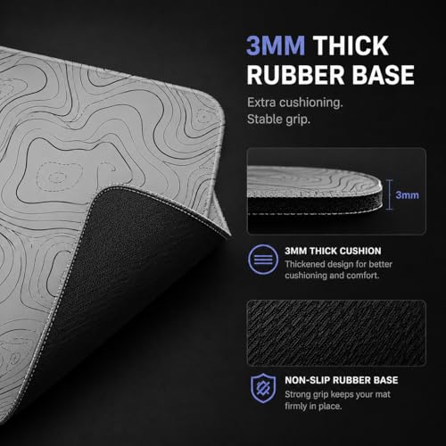 Topographic Gaming Mouse Pad 35.4x15.7 Inch, 0.12 Thickness, Extended Full Desk Mat, Non-Slip Rubber Base, Water Resistant Surface, Black Mousepad for PC Gaming, Office, E-Sports - color: Grey Topographic Map