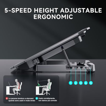 KYOLLY Ultra Slim Laptop Cooling Pad with 2 Quiet Big Fans, 5 Height Adjustable Ergonomic Stand, Portable Cooler for 10-15.6 Inch Laptops, Speed Control and 2 USB Ports