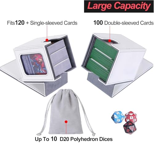 AFIING MTG Deck Box for Commander Display, Fits 100 Double Sleeved Cards, Magic Commander TCG Card Storage Box with 2 Dividers, Drawstring Bag and 1 Toploader (White/Grey) - color: Commander White Grey