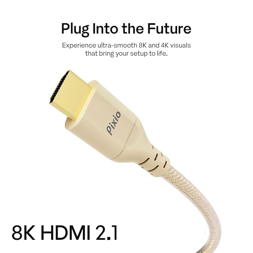 Pixio Beige 8K HDMI 2.1 Cable Ultra Certified Ultra High Speed 6FT 8K 60Hz 4K 120Hz Nylon Braided, Gold Plated Connector, Anti-Breakage, HDR10+, dtsx, eARC, HDCP, Dolby Compatible - color: Beige, size: 6 ft
