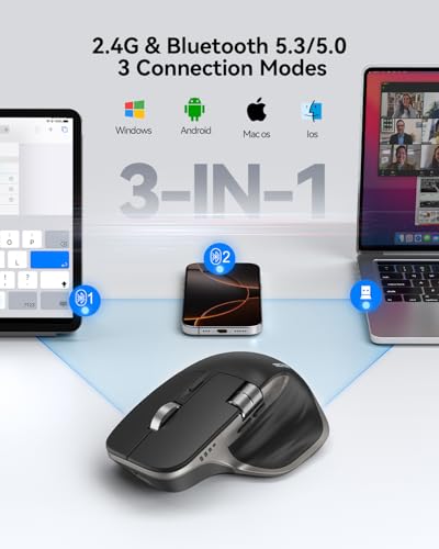 TECKNET Wireless Mouse, Bluetooth Mouse (BT5.3/5.0 & 2.4G) Rechargeable Ergonomic Optical Mouse with 6 Adjustable DPI, Side Scroll, Quiet Clicks, USB A Receiver, 7 Buttons, Wide Compatibility - Grey - color: Grey