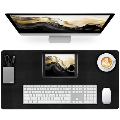 Leather Desk Pad Mat, Non-Slip Black Desk Mat, Large Mouse Pad for Desk, Waterproof Desk Computer Mat Desktop Protector for Office/Home, 31.5" x 15.7" - color: Black Grey, size: 31.5" x 15.7"