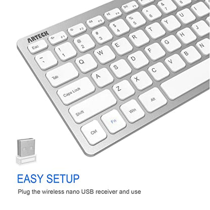 Arteck 2.4G Wireless Keyboard Ultra Slim and Compact Keyboard with Media Hotkeys for Computer Desktop PC Laptop Surface Smart TV and Windows 11/10/8/7, Silver - color: Silver