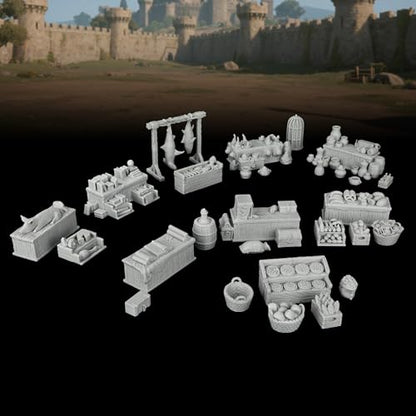 AUSPDICE Fantasy Bazaar Scatter Terrain, 25mm Unpainted Market Goods Set | TTRPG Market Goods with Food Crates, Fish Racks and Pottery for Village Maps, Role Playing Games and Game Masters, AF1104 Q - color: Af1104 Q Market Stall
