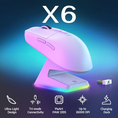 MAMBASNAKE Attack Shark X6 Wireless Gaming Mouse,RGB Magnetic Charging Dock,X3 Upgrade, 49g Ultralight 2.4GHz/BT5.2/USB-C Tri-Mode,PAW3395 Sensor 26KDPI,G502 Programmable Mice for Win/Mac - White - color: White