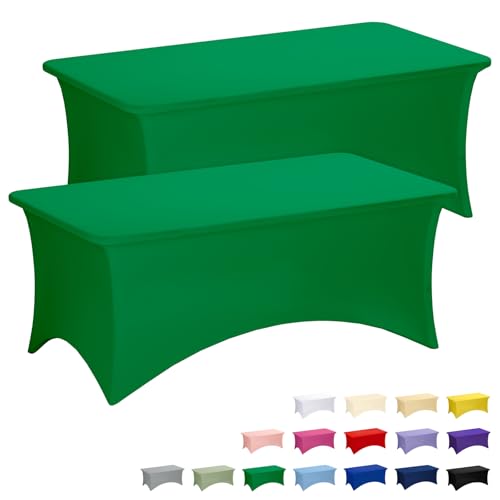 Fixwal Green Stretch Table Cloth Rectangle 2 Pack 6Ft, Spandex Fitted Table Covers Washable for Party, Trade Show, Banquet, Wedding, Buffet - color: Green, size: 6 Ft