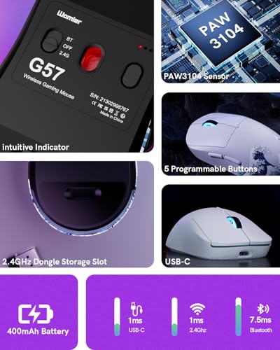 G57 Wireless Gaming Mouse, 8000 DPI, 80g, 2.4G/Bluetooth/USB-C Rechargeable Wireless Mouse with 5 Programmable Buttons for PC/Mac, White - color: White