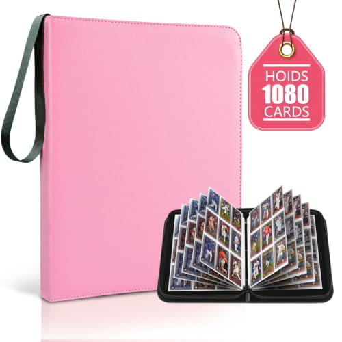 9 Pocket Zip Card Binder, Trading Card Album Holds 1080 Cards, Pink | Logo-free design,top-loading pages,removable double-sided pockets,waterproof cover,soft lnner lining. - color: Pink, size: 9 Pocket 1080