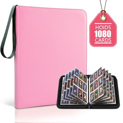 9 Pocket Zip Card Binder, Trading Card Album Holds 1080 Cards, Pink | Logo-free design,top-loading pages,removable double-sided pockets,waterproof cover,soft lnner lining. - color: Pink, size: 9 Pocket 1080