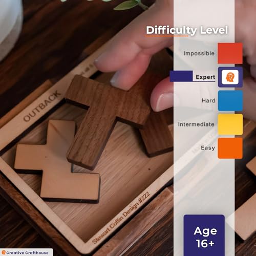 Creative Crafthouse Outback Puzzle, Stewart Coffin Wood Brain Teaser, Hard | A packing design numbered 222. Five cherry and maple pieces have just one known solution, a tough desk challenge, made in USA - style: Brain teaser