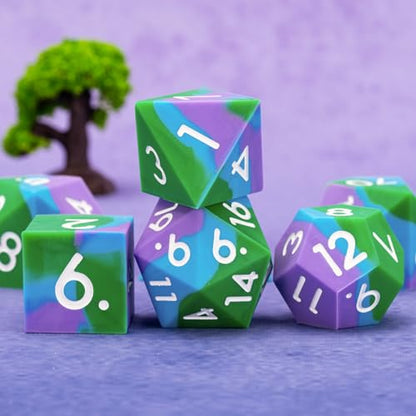 DND Sharp Edges Dice, D&D Silicone Rubber Polyhedral Dice Set 7pcs (D4, D6, D8, D10, D12, D20, D%) for Dungeons and Dragons, RPG, MTG for Ages 15 and Up - color: Purple Blue Green