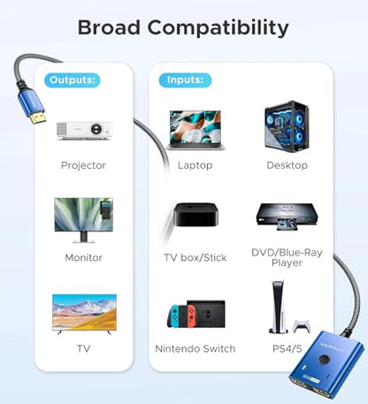 4K@60Hz HDMI Splitter Switch 2 in 1 Out, WARRKY [3.3ft Fixed Braided HDMI Cable, Aluminum Case, HDCP 2.2] Bidirectional 2x1 Switcher UHD Compatible for PS5/4, Nintendo Switch, Roku, FireStick – Blue - color: Blue