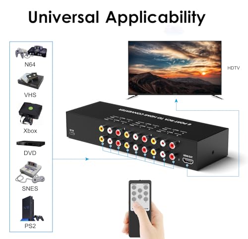 6 Port RCA to HDMI, 1080P/720P 6 Way AV to HDMI Converter Composite CVBS AV Switch to HDMI Converter Adapter Support 4:3/16:9 Switching, for Sega Xbox PS2 PS3 N64 NGC SNES WII VHS VCR Camera - color: 6AV to HDMI Converter