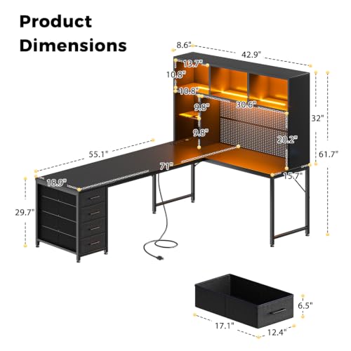 AODK 71" L Shaped Desk for Gaming and Working，Black | PC Desk with Hutch, Pegboard & Shelves, 4 Drawers, Integrated LED Light Strip & Power Outlets, Reversible - size: 71 Inch