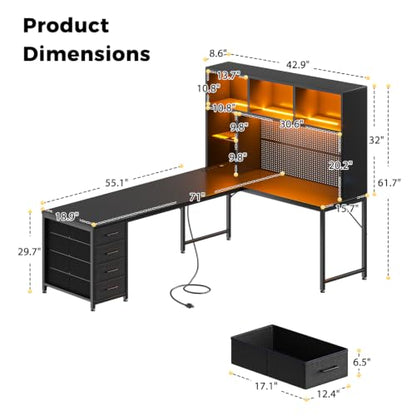 AODK 71" L Shaped Desk for Gaming and Working，Black | PC Desk with Hutch, Pegboard & Shelves, 4 Drawers, Integrated LED Light Strip & Power Outlets, Reversible - size: 71 Inch