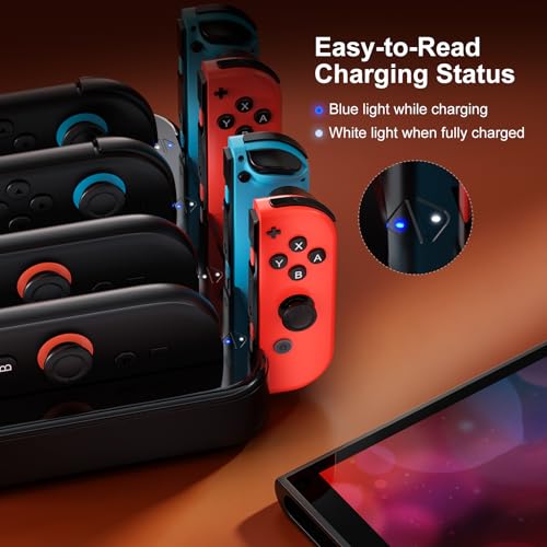 NEWDERY Controller Charger for Nintendo Switch 1/2 Joy Con, Charging Dock | 8 in 1 Fast Charging Station | Magnetic Snap | USB C Cable | LED Indicators | Organizer Stand Accessories | for Joy Con 2/1