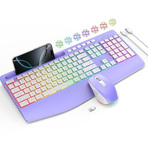 Wireless Keyboard and Mouse Combo- VEILZOR 2.4G Rechargeable Keyboard with Phone Holder, Ergonomic Wrist Rest, 9 RGB Backlit Effects, Silent Keyboard Mouse Set for Windows, Laptop, PC - color: Purple