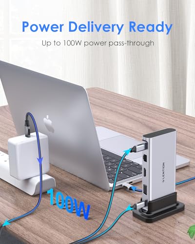 LENTION Docking Staion Dual Monitor 4K HDMI & 1080P VGA, Ethernet, USB 3.0 | 3.3ft Detachable Cable, 100W PD, Card Readers, 3.5mm Audio, Vertical Design, Compatible with macOS, Windows & ChromeOS (D55) - color: Silver