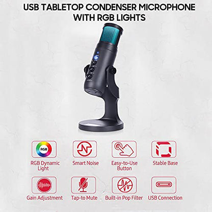 LiebeWH Desktop RGB USB Condenser Microphone 360° Adjustable for Recording Podcast Live Streaming Gaming
