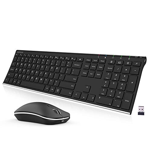 Arteck 2.4G Wireless Keyboard and Mouse Combo Stainless Steel Ultra Slim Full Size Keyboard and Ergonomic Mice for Computer Desktop PC Laptop and Windows 10/8/7 Build in Rechargeable Battery