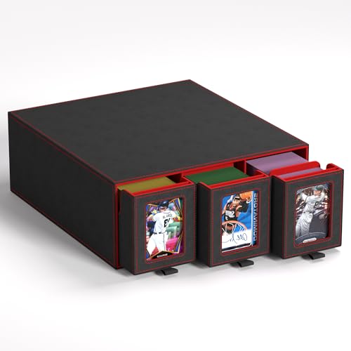 Trading Card Storage Box, 3-Row Slide-Pull Card Case with Stackable Design & 15 Dividers, Commander Display Card Organizer Holder for MTG, Pkmn, YuGiOh, TCG and Sports Cards, Holds 2500+ Cards (Red) - color: Red