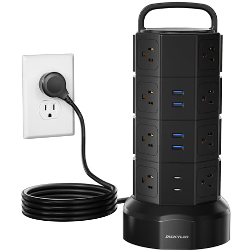 Power Strip Tower Surge Protector, JACKYLED 16 Outlets 6 USB (2 USB C) Charging Station, Extension Cord with Multiple Outlets, 1050J 1625W/13A Outlet Extender 6.5ft Extension Cord for Home Office - color: Black, size: Large-6.5ft