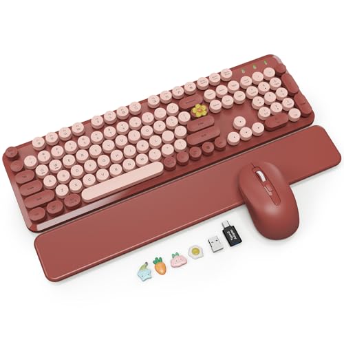 Wireless Keyboard Mouse Combo, Magnetic Wrist Rest, Round Keycaps, Wine Red | Full-Size Retro Typewriter-Style Keyboard, Two-Stage Tilt Legs, 2.4GHz Cordless for MacOS, Windows PC, Laptop - SABLUTE CK23 - color: Wine Red
