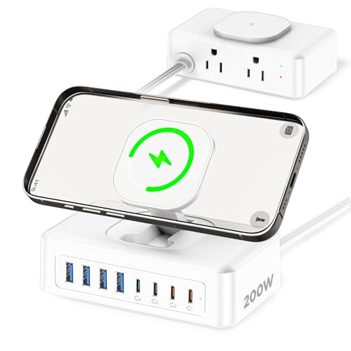 200W USB Charging Station, 11-in-1 USB C Power Strip Surge Protector, 2AC Outlets & 8USB Ports, 5ft Flat Plug Extension Cord with Multiple Devices, Home Office Desk Accessories - color: White&Blue