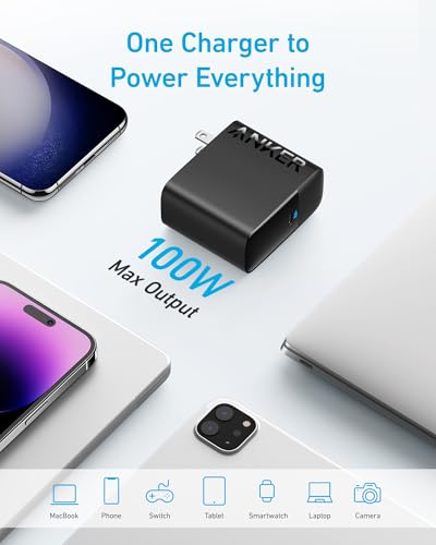Anker Laptop Charger, Compact Foldable 100W USB C Charger with 5FT Cable | High-Speed for MacBook Pro/Air, Samsung Galaxy, iPhone 17/16, iPad Pro, and More - color: Black
