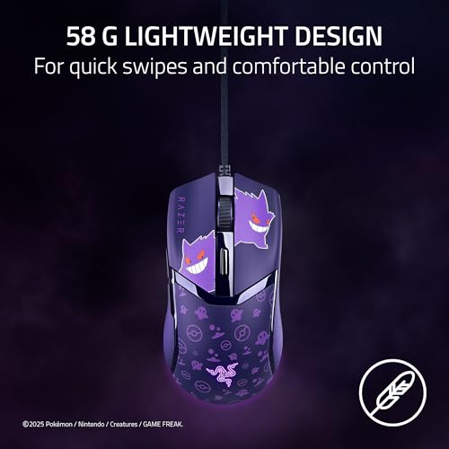 Razer Cobra Wired Gaming Mouse, 58g Lightweight, Pokemon Gengar Edition | Gen-3 Optical Switches, Chroma RGB Lighting Underglow, 8500 DPI Optical Sensor, 100% PTFE Mouse Feet, Speedflex Cable - color: Gengar Edition