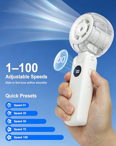 Personal Misting Fan, Rechargeable Handheld Spray Fan | 100-Speed Adjustable Cooling Fan with Water Mist Spray, Foldable Design, Lanyard Included for Outdoor Camping & Travel - color: White