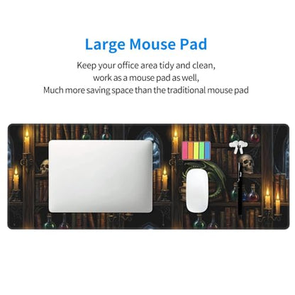 Wizard Library Large Gaming Mouse Pad 31.5 x 11.8 in Gothic Dragon & Magic Potions Desk Mat - Extended Non-Slip Rubber Base with Stitched Edges for Office & Home - color: 19