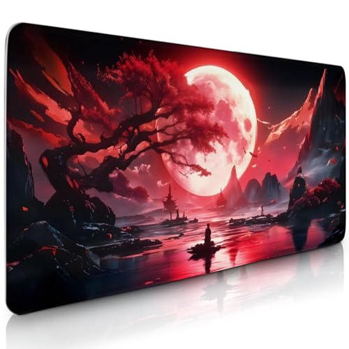 Gaming Mouse Pad Large, Red Blood Moon Mousepad with Non-Slip Based, Large Extended Computer Keyboard Mat for Desk, Gifts for Japanese Anime Lover, for Keyboard Mouse 11.8”x 31.4” XL - color: Game-Black, size: X-Large