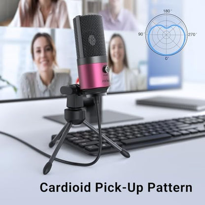 FIFINE USB Microphone, Condenser Podcast Mic with Volume Knob Control, Metal Tripod Stand, USB Cable for Recording, Online Meeting, Streaming, Video Conferencing, PC Desk Microphone-K669 Rose Red | PC Desk Microphone with Volume Knob Control, Metal Tripod