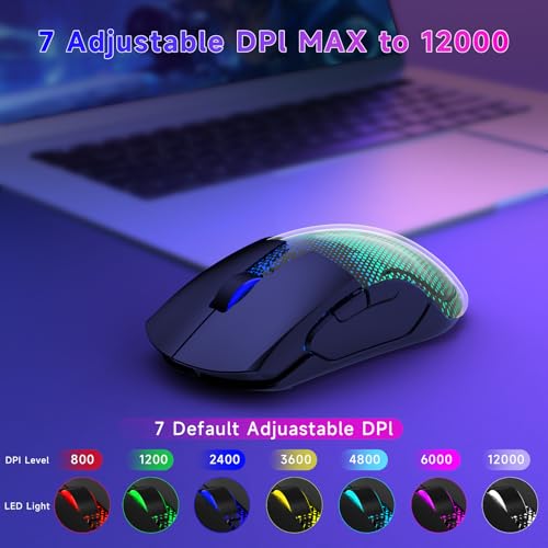 FFJ Master02 Wireless Gaming Mouse, 12000 DPI, Tri-Mode 2.4G/USB-C/Bluetooth 5.3 Gaming Mouse, Python Skin Texture RGB Backlit, 6 Programmable Buttons, 75Hr Battery Life for PC, Mac, PS5, XBOX - Black