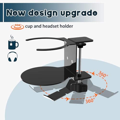 Metal Large Desk Cup Holder with 360° Rotating Headphone Hanger Under Desk, Anti-Spill Table Cup Holder Clamp for Coffee Mugs Bottles, Headset, Pencil Holder.