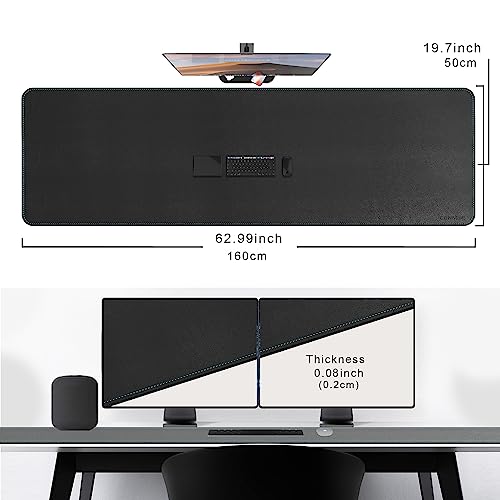 CENNBIE Leather Desk Mat Large, 63" x 19.6" Desk Pad Protector(Black) | Premium stitched edges resist wear. Easy to clean. Protects desk from spills, stains ,scratches. Smooth glide. Office & home. - color: Black, size: 19.6" x 63"