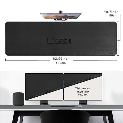 CENNBIE Leather Desk Mat Large, 63" x 19.6" Desk Pad Protector(Black) | Premium stitched edges resist wear. Easy to clean. Protects desk from spills, stains ,scratches. Smooth glide. Office & home. - color: Black, size: 19.6" x 63"