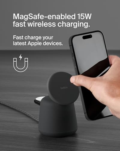 Belkin MagSafe 15W 2 in 1 Wireless Charging Dock, Fast Charger | iPhone 17/16/15/14, AirPods, Pixel 10 compatible, power adapter included, desk charging dock, Magnetic - color: Black, style: Gen 1