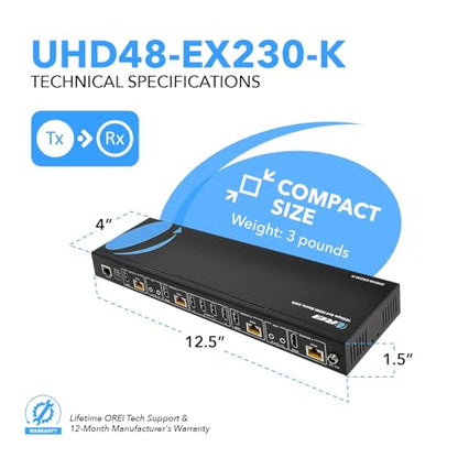 OREI 4K 4x4 HDMI Extender Matrix - UltraHD 4K @ 60Hz 4:4:4 Over Single CAT5e/6/7 Cable with HDR Switcher & IR Control, RS-232 - Up to 230 Ft - 1080P Downscale - 4 x Loop Out - 4 Receivers Included | HDMI Matrix Switch Extender, 4x8 HDMI Extender Matrix 4K