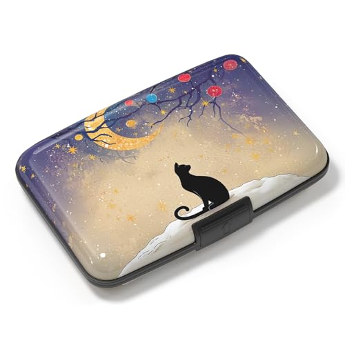 Credit Card Holder, Mini Aluminum Card Wallet RFID Blocking Slim Metal Hard Card Case for Women Men, Moonlight Cat - color: Moonlight Cat