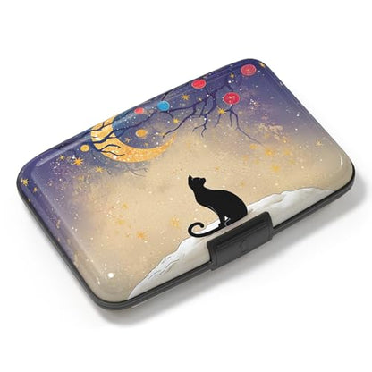 Credit Card Holder, Mini Aluminum Card Wallet RFID Blocking Slim Metal Hard Card Case for Women Men, Moonlight Cat - color: Moonlight Cat