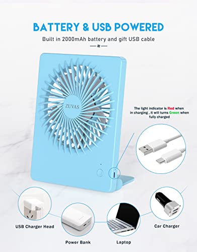 Zuvas Desk Fan Small Rechargeable Battery Table Fans for travel Ultra Quiet | 180° Tilt Folding, LED Dislay, Portable Fan Slim Design, 3 Speed Adjustable, for Office Bedroom Desktop, Cruise Essentials - color: Blue
